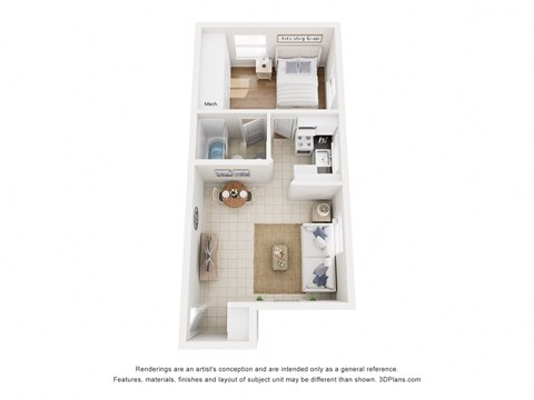 Floor plan for 1 bed, 1 bath, 650 sqft
